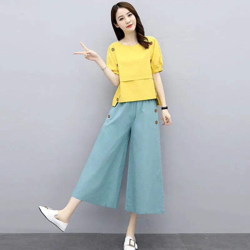 Cotton linen suit women's summer dress 2022 new Korean version loose and thin temperament foreign fashion linen two-piece set