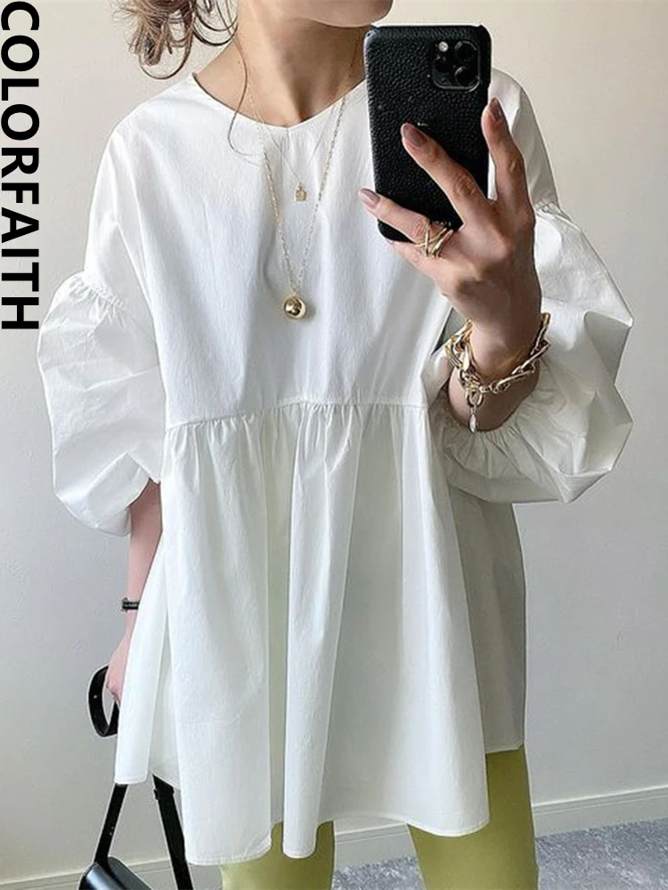 Colorfaith New 2022 Vintage Korean Fashion Lantern Sleeve Oversized Elegant Lady Women Autumn Winter Blouses Shirts Tops BL0484