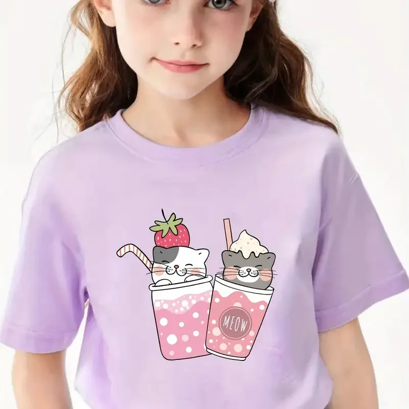 Anime Cups With Cats Graphic Print For Girls, Comfy And Fit T-shirt cottont Top Crew Neck Pullover For  Summer For Outdoor