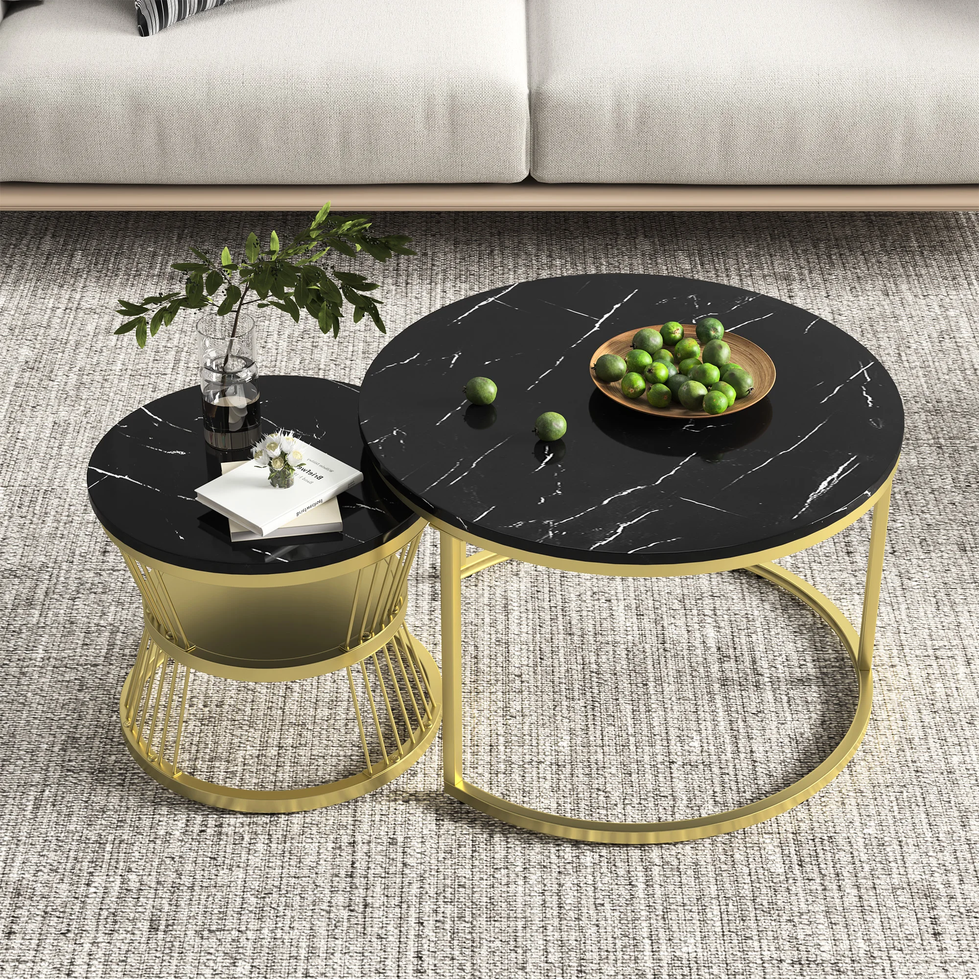 Round Nesting Coffee Table, Set of 2 Modern Coffee Table with Faux Marble Top, Gold Metal Frame Black Nesting Table for Living R