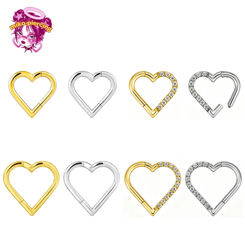 F136 Titanium SGS/REACH Nickel Release Test With Clear CZ Daith Heart Earring Hoop Cartilage Tragus Rings Hinged Segment Hoop