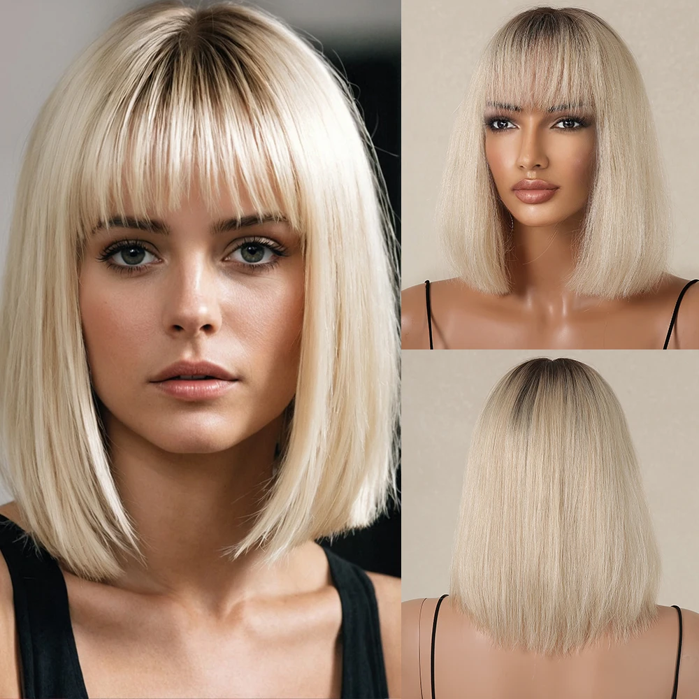 

Ombre Blonde Bob Human Hairs Wig for Women Straight Short Machine Made Human Hair Wigs with Bangs Natural 10inch Wig Daily Use