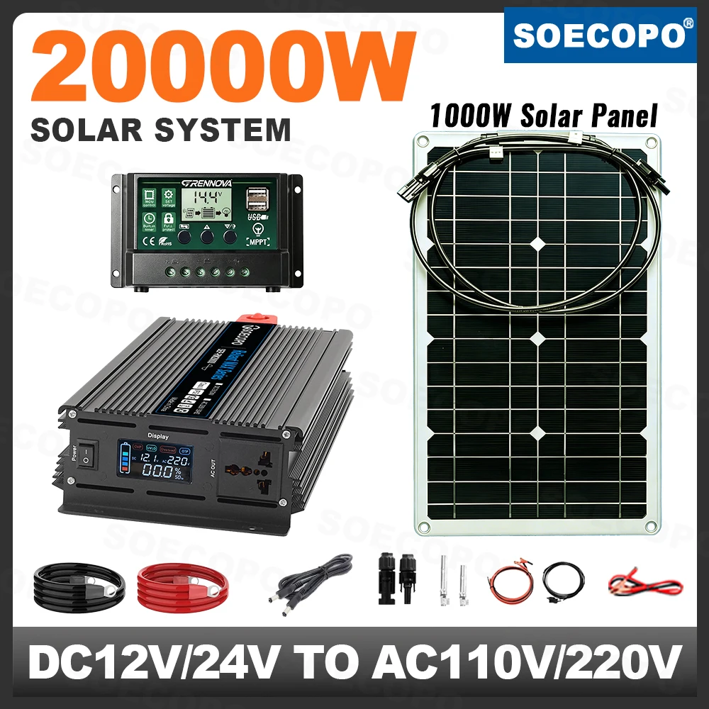 SOECOPO Cabin Off Grid Solar System Kit 2000W Rated Power Inverter 1000W Panel Spec MPPT Controller 12V 24V to 110V 220V