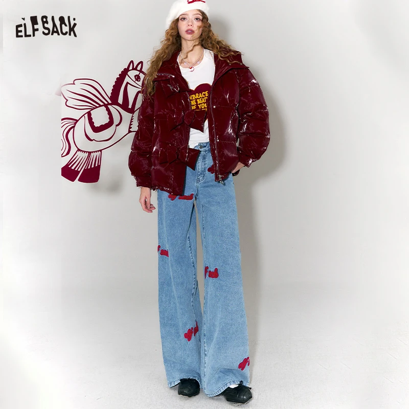 

ELFSACK Streetwear Denim Trousers for Women, Wide Leg High Waist Jeans with Red Embroidery, Fashionable Casual Pants for Daily