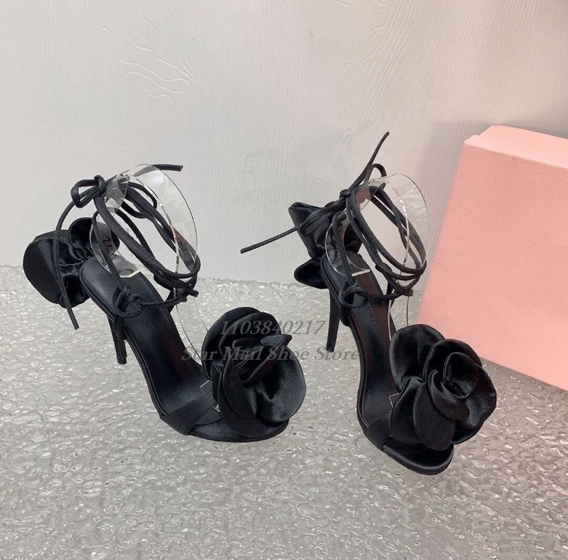 Rose Flower Sandals Silk Concise Strap Genuine Leather Round Toe Stiletto Wedding Shoes Female Summer Sexy All-Match Shoes