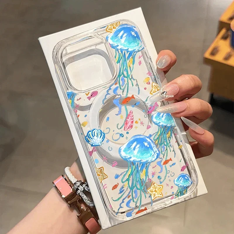 Coque de téléphone à chargement sans fil pour iPhone 16 15 14 13 12 11 Pro Max 16E XS X XR 7 8 Plus SE2, motif méduse/poisson