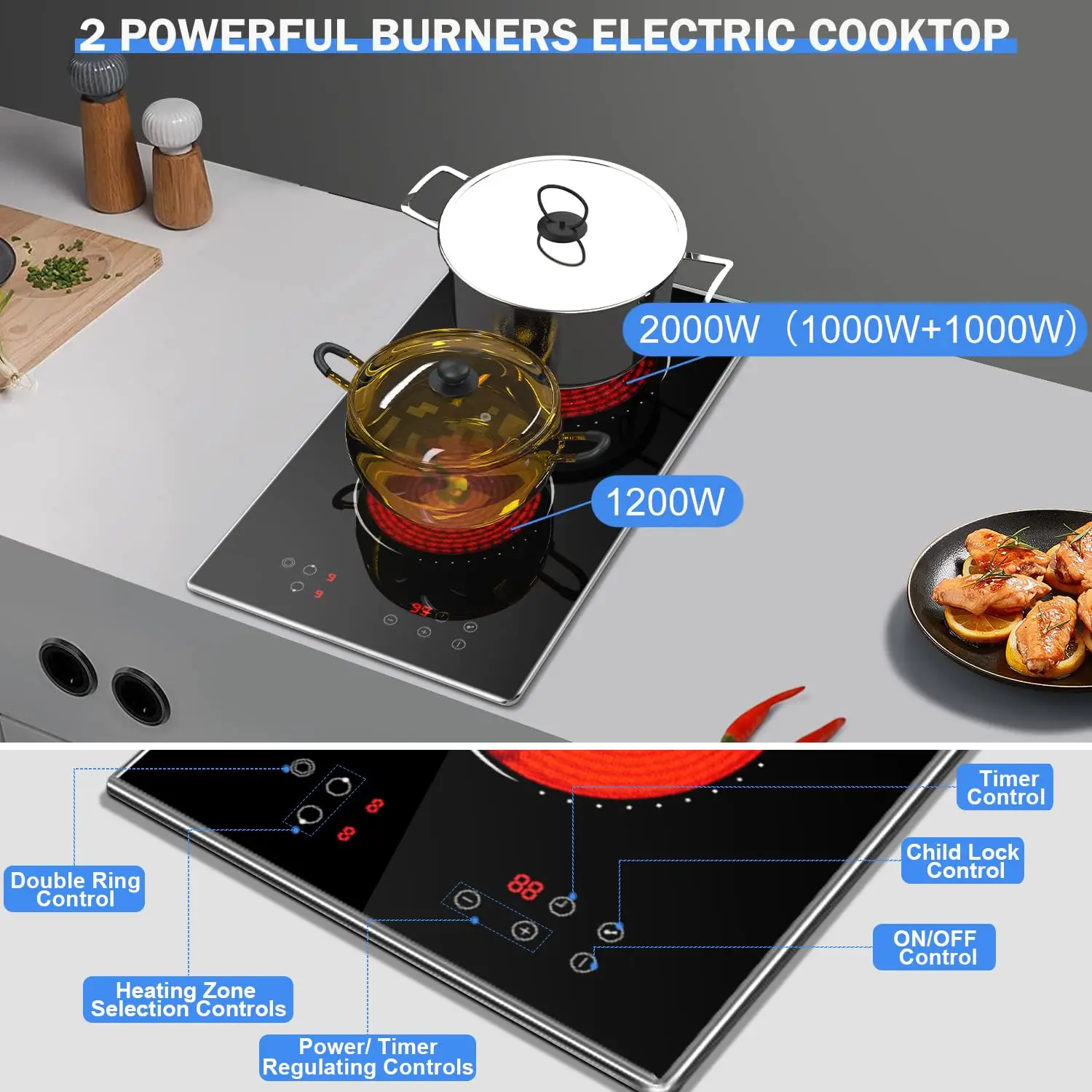 2 Burners 12 inch Built-in Radiant Electric Stove Top，Timer & Kid Safety Lock，Glass Protection Metal Frame，220V-240V，Hard Wire