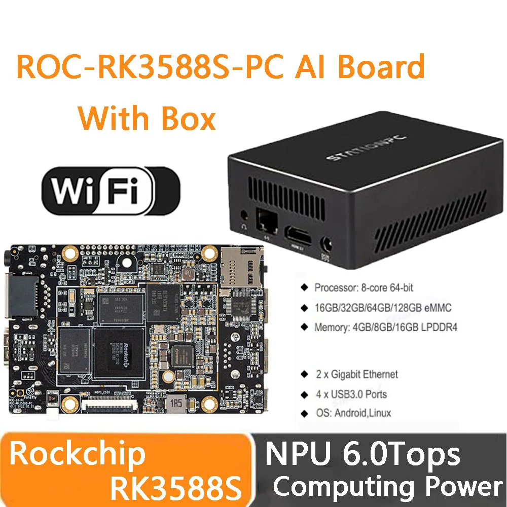 ROC-RK3588S-PC 록칩 RK3588 8K AI 메인보드, 8 코어 64 비트, 4GB, 8GB, 16GB, LPDDR4 NPU 6 탑, 안드로이드 Debian11AIoT 지원