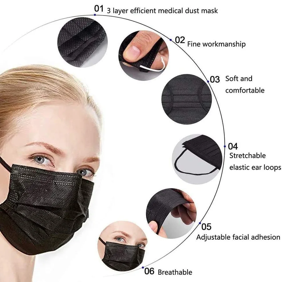 50-200 Uds mascarillas protectoras desechables embalaje Individual negro 3 capas Earloop adultos moda antipolvo máscara plana al por mayor