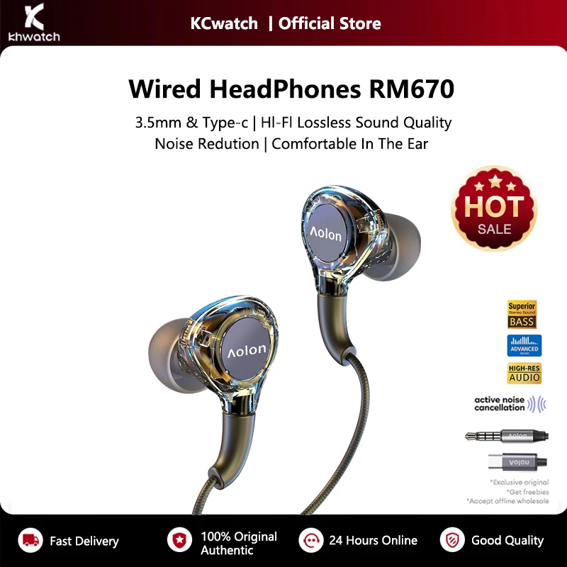 KHwatch HiFi السلكية سماعة سماعة 3.5 ملم وType-C سماعات موسيقى سماعة رأس رياضية باس ستيريو الألعاب لايف كاريوكي مع هيئة التصنيع العسكري RM670