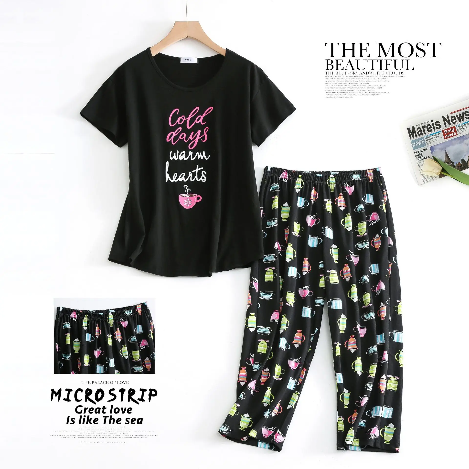 2-Piece Cotton Pajama Set Short Sleeve T-shirt and Long Pants Sexy Summer Casual Cartoon Sleepwear Big Size Options For Moms