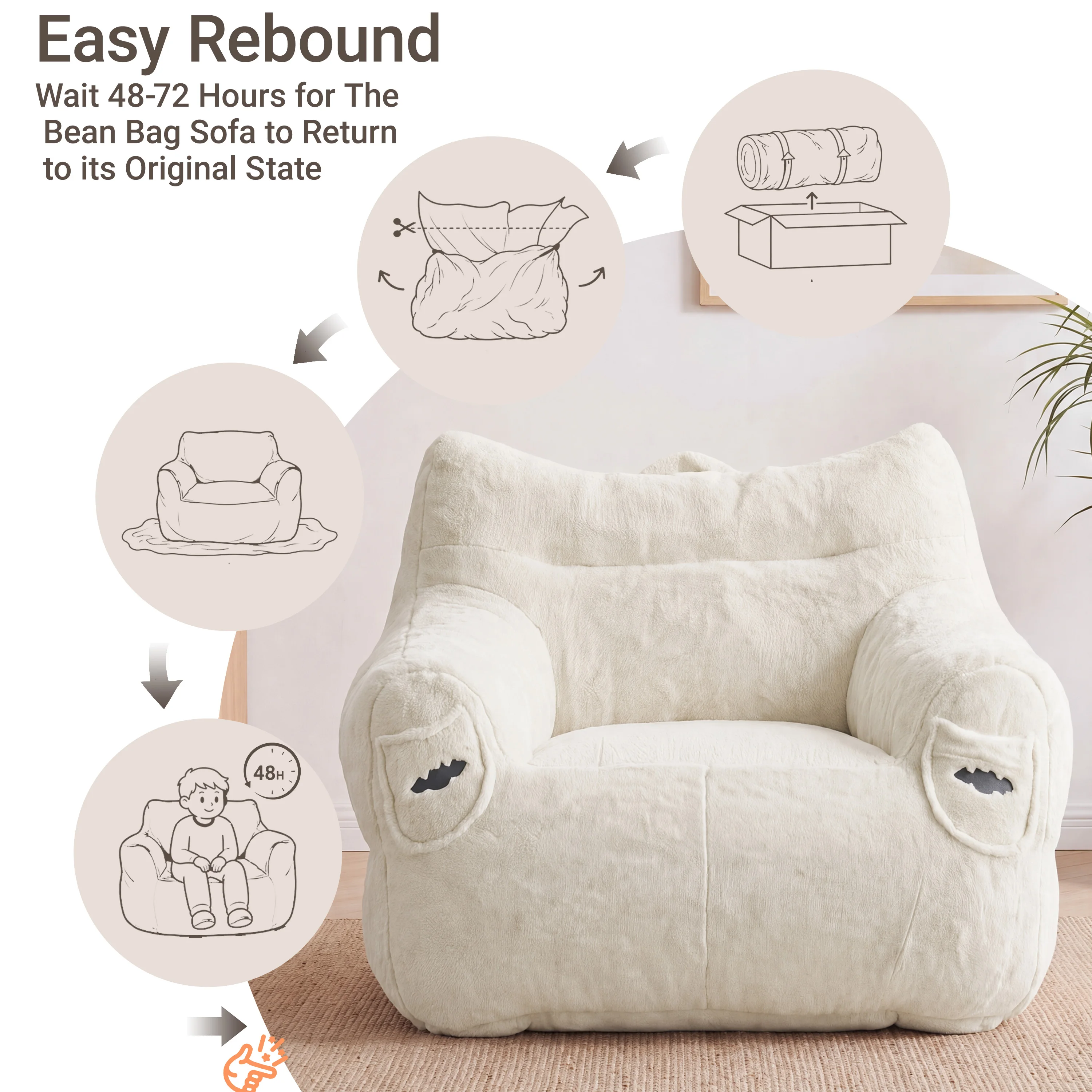 Oversized Corduroy Bean Bag Chair Ergonomic High Back Sofa with Side Pocket & Handle - High Resilience Foam Floor Armchair for Living Room Bedroom view 6