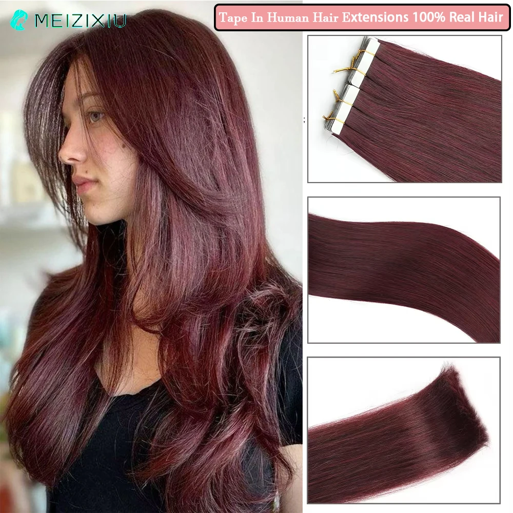 99J Tape In Hair Extensions 100% Remy Hair Silky Straight Seamless Tape In Human Hair Extensions For Women 24Inch 20pcs Burgundy