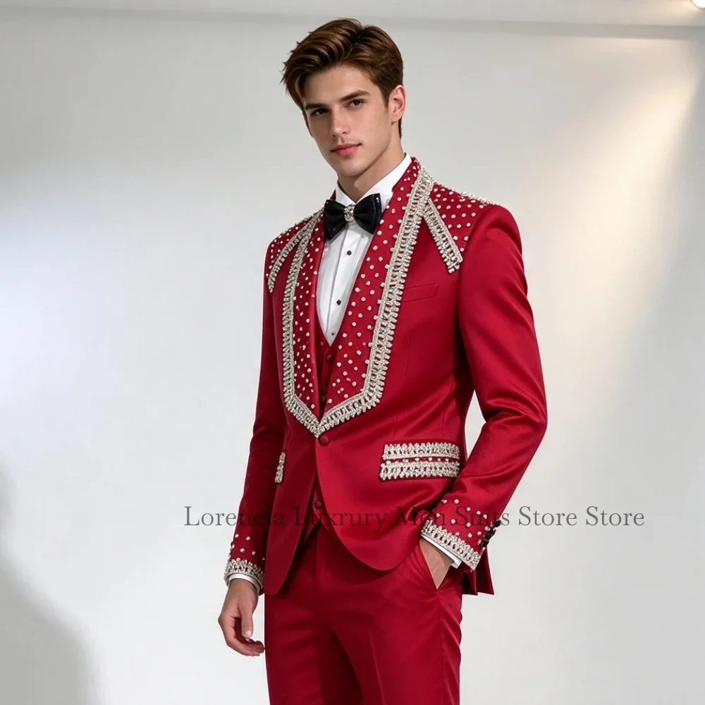 Handsome Rhinestone Diamond Tuxedo Men Suit Customized Beading Male Prom Blazers 3 Pieces Set Wedding Groom Jewelry Ropa Hombre
