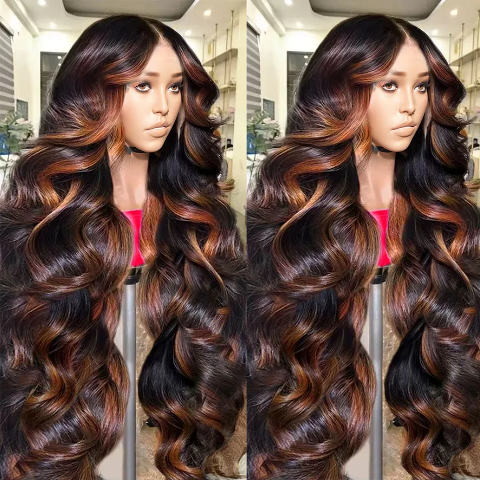 

Ombre Highlight 1B/30 Black Brown 13X6 HD Lace Frontal Human Hair Wigs Body Wave Brazilian Transparent 13x4 Lace Front Wig 250%