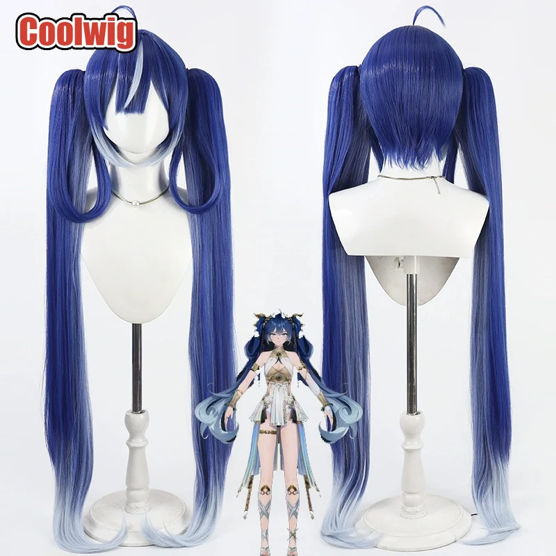 Coolwig Synthetic Hair Iuno Cosplay Wigs Wuthering Waves Iuno 100cm Long Blue Mixed Silver White Ponytail Wig Heat Resistant