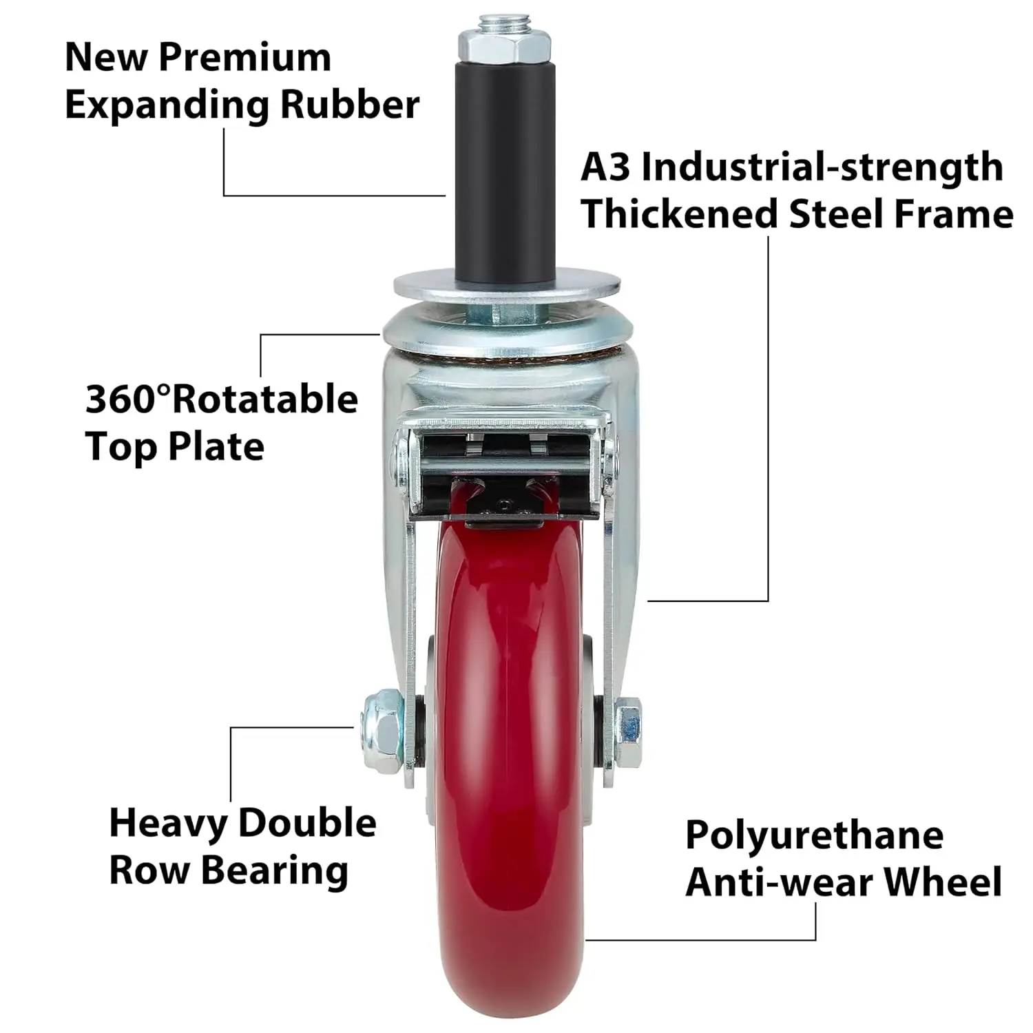 5 Inch Prep Table Caster Wheels Set of 4 Heavy Duty Expanding Stem Casters with Brake Fit 7/8