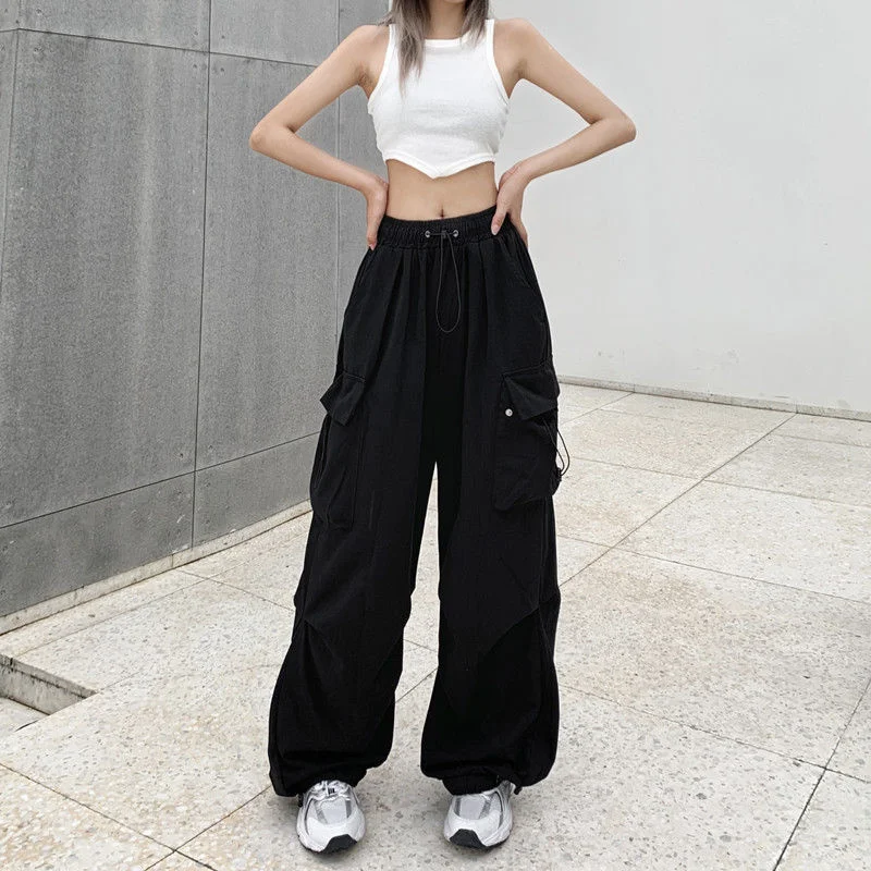 Women Y2K Beam Feet Cargo Pants Fashion Causal Korean Baggy Streetwear Trousers Hip Hop Harajuku Wide Leg Drawstring Sweatpants