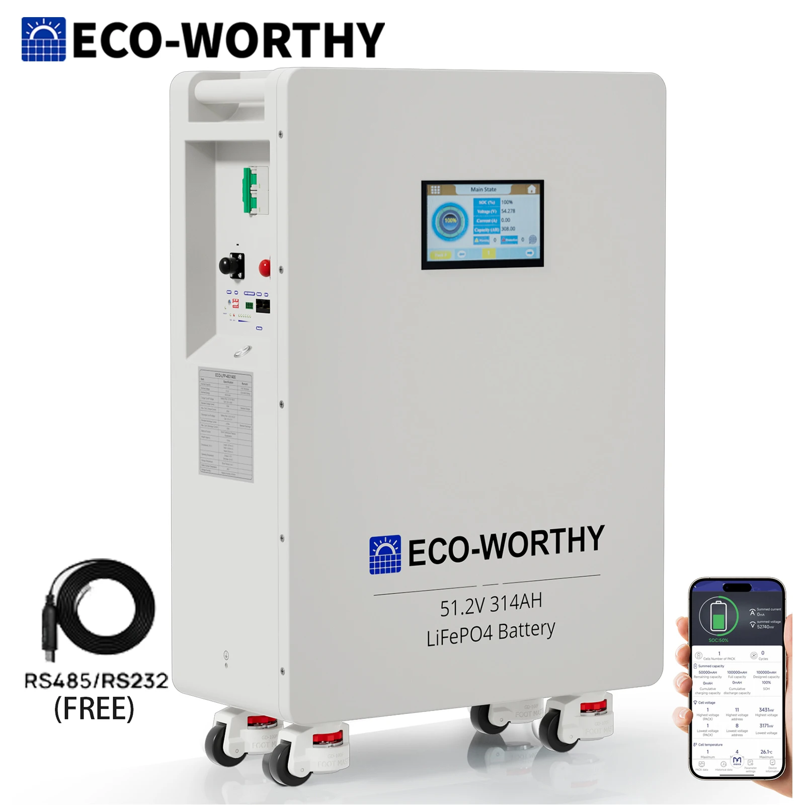 ECO-WORTHY 48V 314Ah LiFePO4 Lithium Battery,16.1kWh High Capacity Energy Storage,200A PACE BMS for HOME Energy