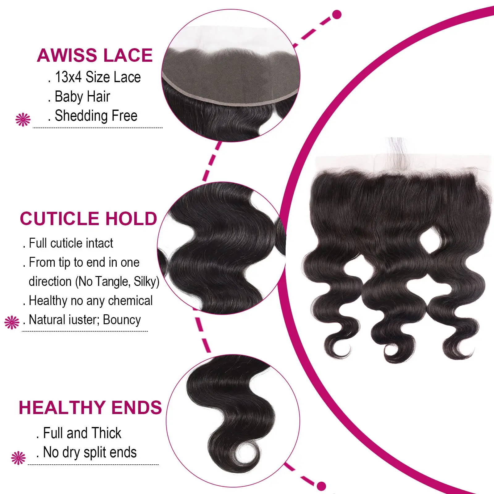 الجسم المموج 13x4 الأذن إلى الأذن الدانتيل إغلاق أمامي 100٪ غير المجهزة البرازيلي عذراء الشعر البشري