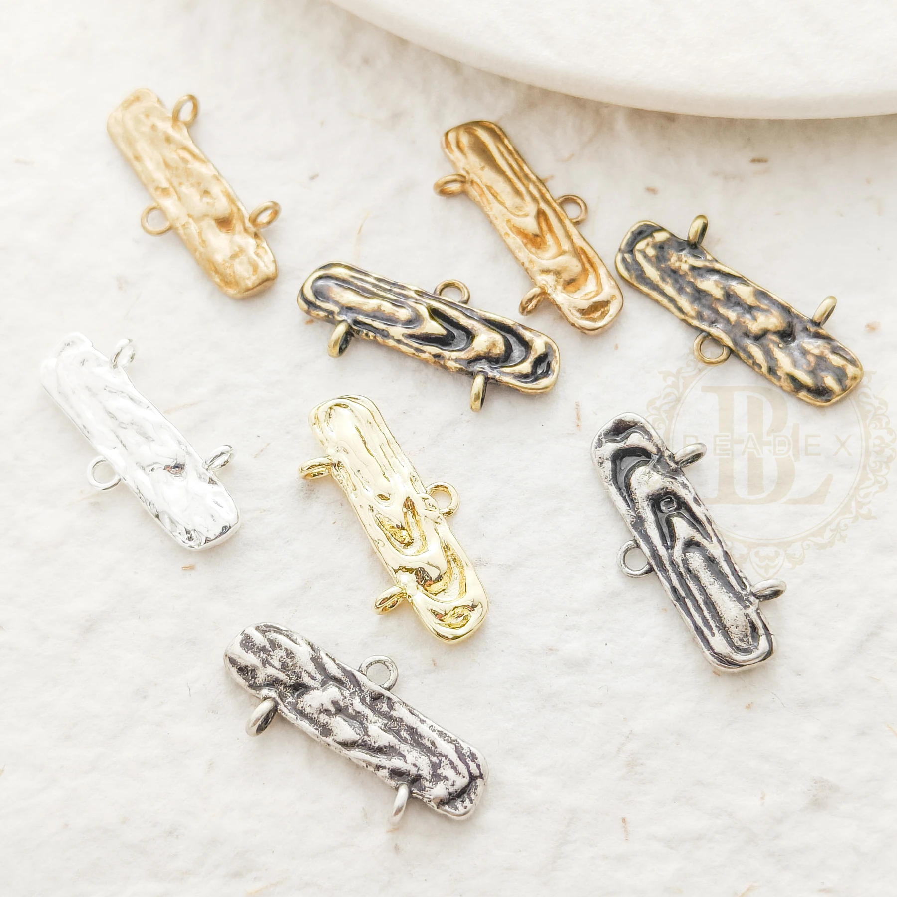 DIY Supply-One Piece Premium Plated Solid Casted Brass Textured Bar Charm with Multi Rings - 26x12mm (4930C-4)