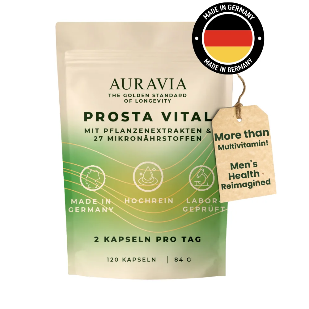 Auravia Prosta Vital 120 Kapseln – Made in Germany Männervitalität Komplex mit Sägepalme, Ashwagandha, Kürbiskern, Zink & Selen – Kollagen Collagen Support Multivitamin Supplement für Herren Vitalität