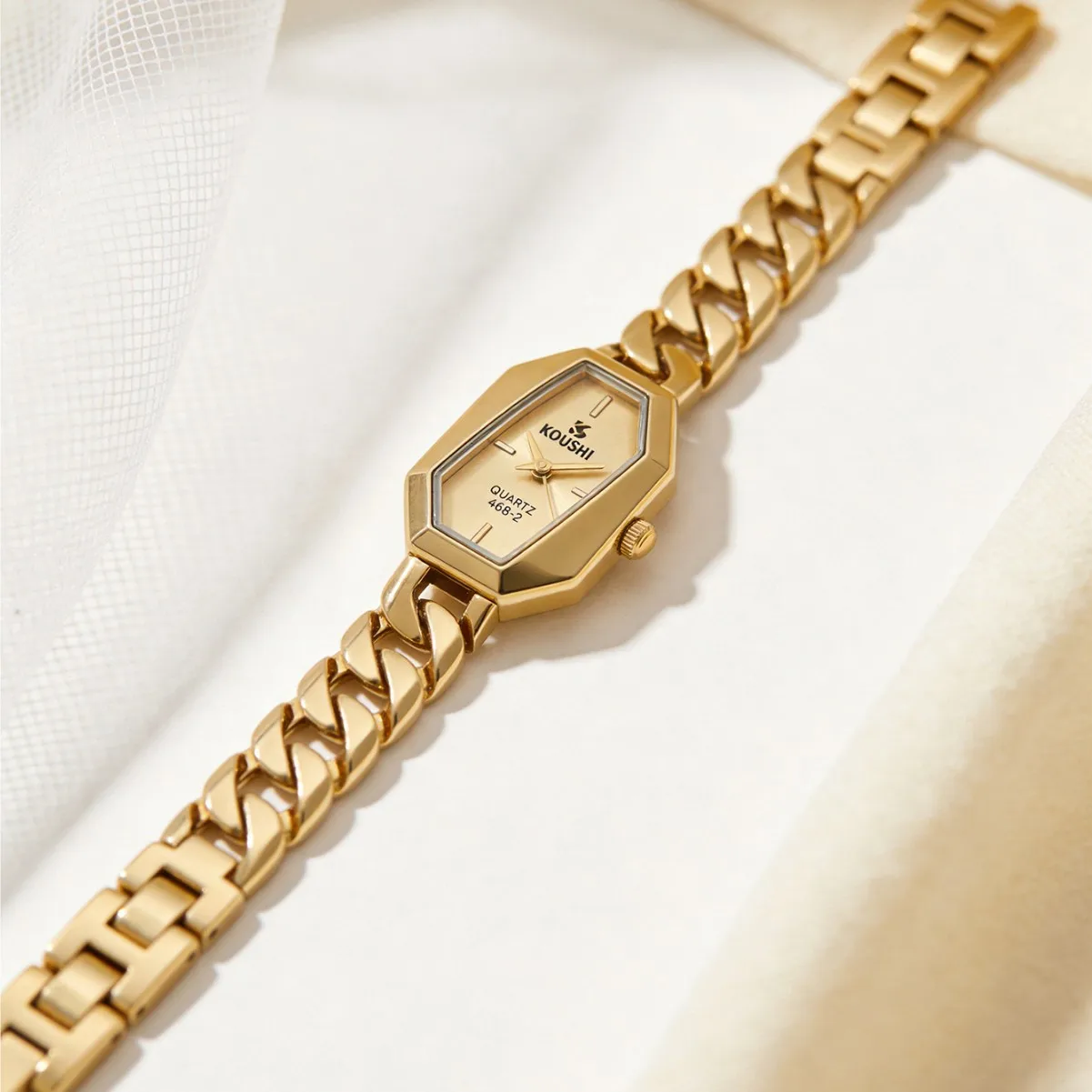 KAIRIS Women's Quartz Watch Gold Tone Geometric Dial Chain Bracelet Elegant Fashion Wristwatch