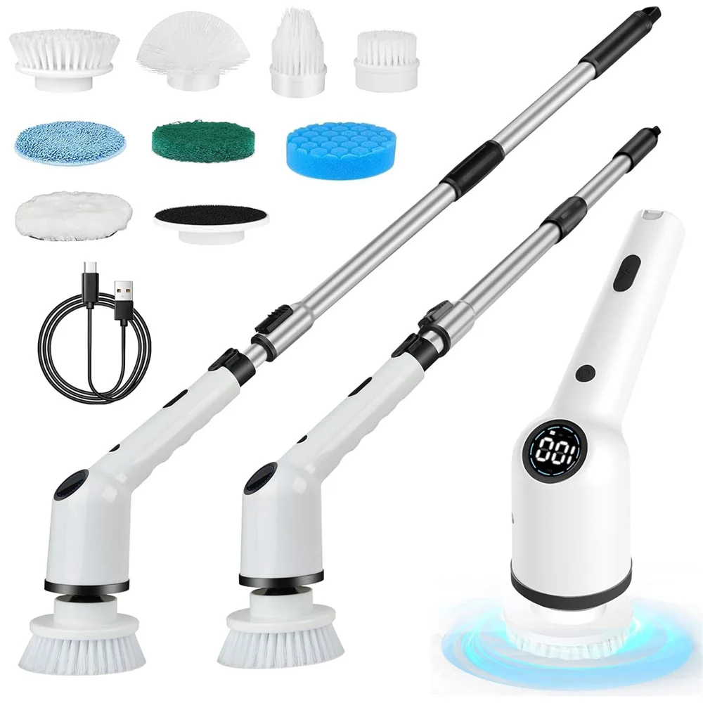 9in1 Multi-Function Electric Cleaning Brush Retractable Cordless Home Swivel Cleaning Brush Spin Scrubber for Floor Wall Tub