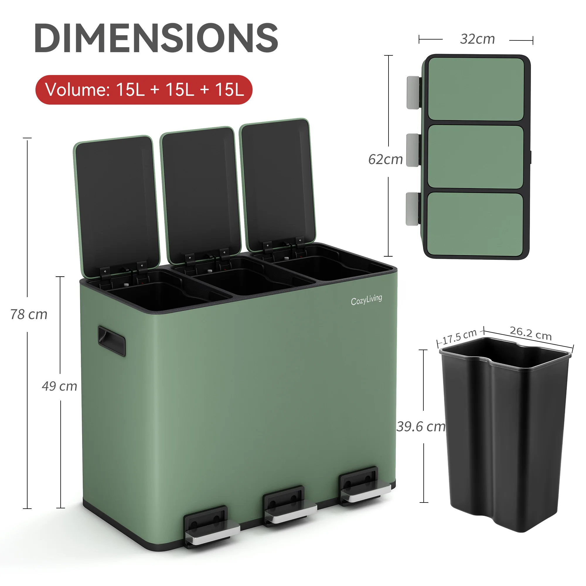 B-CLEANS+ 2箱セット CozyLiving Premium Stainless Steel Dual Compartment Pedal Bin