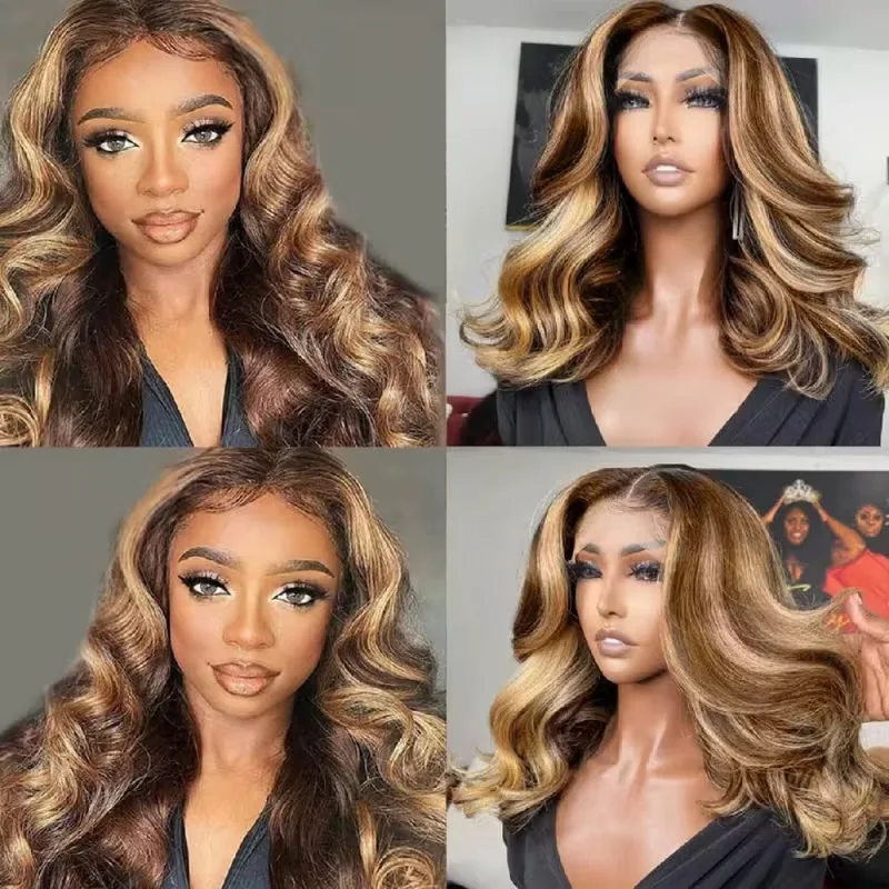 4/27 Highlight Ombre Bob Wig Human Hair 14 Inch 13x4 HD Lace Frontal Body Wave Wigs Pre Plucked Glueless Human Hair Lace Front Wig C