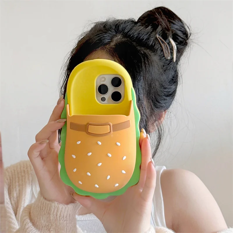 Fun Phone Case for iPhone Hamburger Slipper Bag for iPhone 11 12 13Pro 14 15Pro Max 16Pro Cute Cartoon Silicone Fall Proof Cover