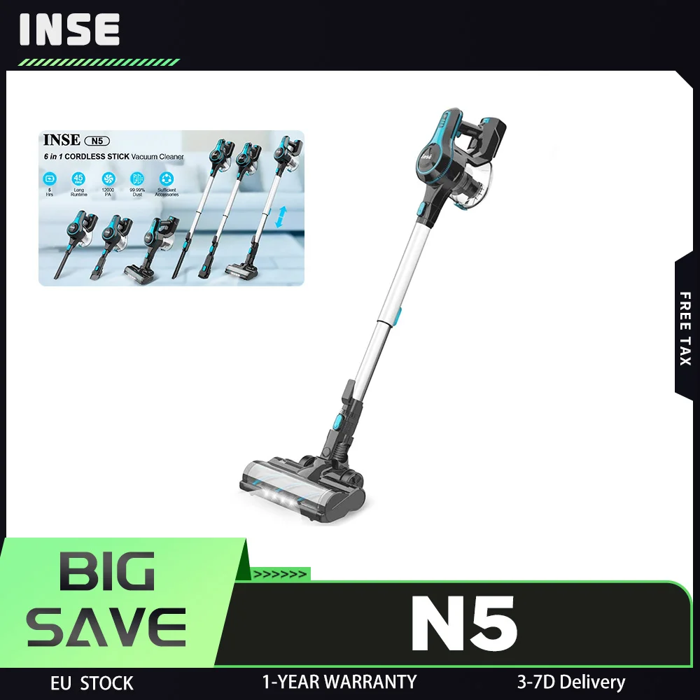 INSE N5 Aspirapolvere Senza Fili 6 in 1, Potenza di Aspirazione 12000Pa, Filtrazione a 5 Stadi, Contenitore Polvere 1.2L, 45 Minuti di Autonomia, LED, 70dB