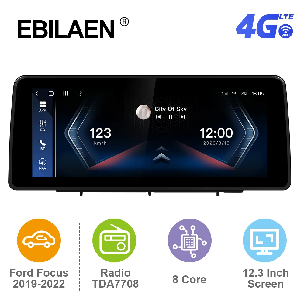 

EBILAEN Android 12 12.3 Inch For Ford Focus 2019-2022 Car Radio Player GPS Stereo System 2K 1920*720P 4G WIFI Octa Core FM GPS