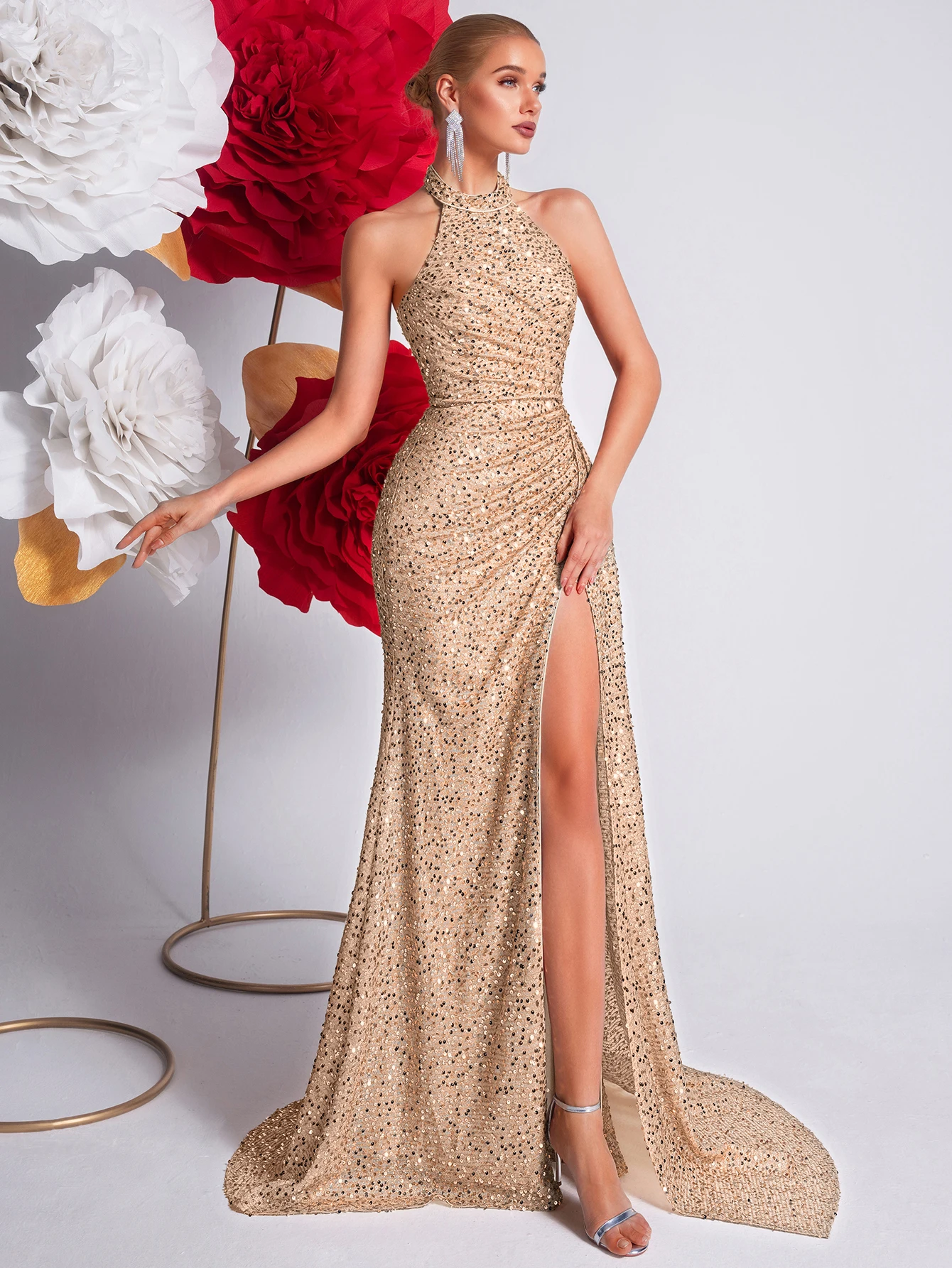 ADYCE Sequins High Split Halter Backless Long Tie Front Slit Maxi Party Dress Wedding Guest Dress Celebrity Party Prom Dresses