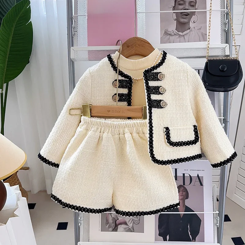 Zestawy dziecięce Wiosna Koreańska Dziewczynka Dziecko Francuski Luźny Płaszcz Spodnie Dwuczęściowy Okrągły Kołnierz Moda 2024 Guzik Prosty — zdjęcie 2