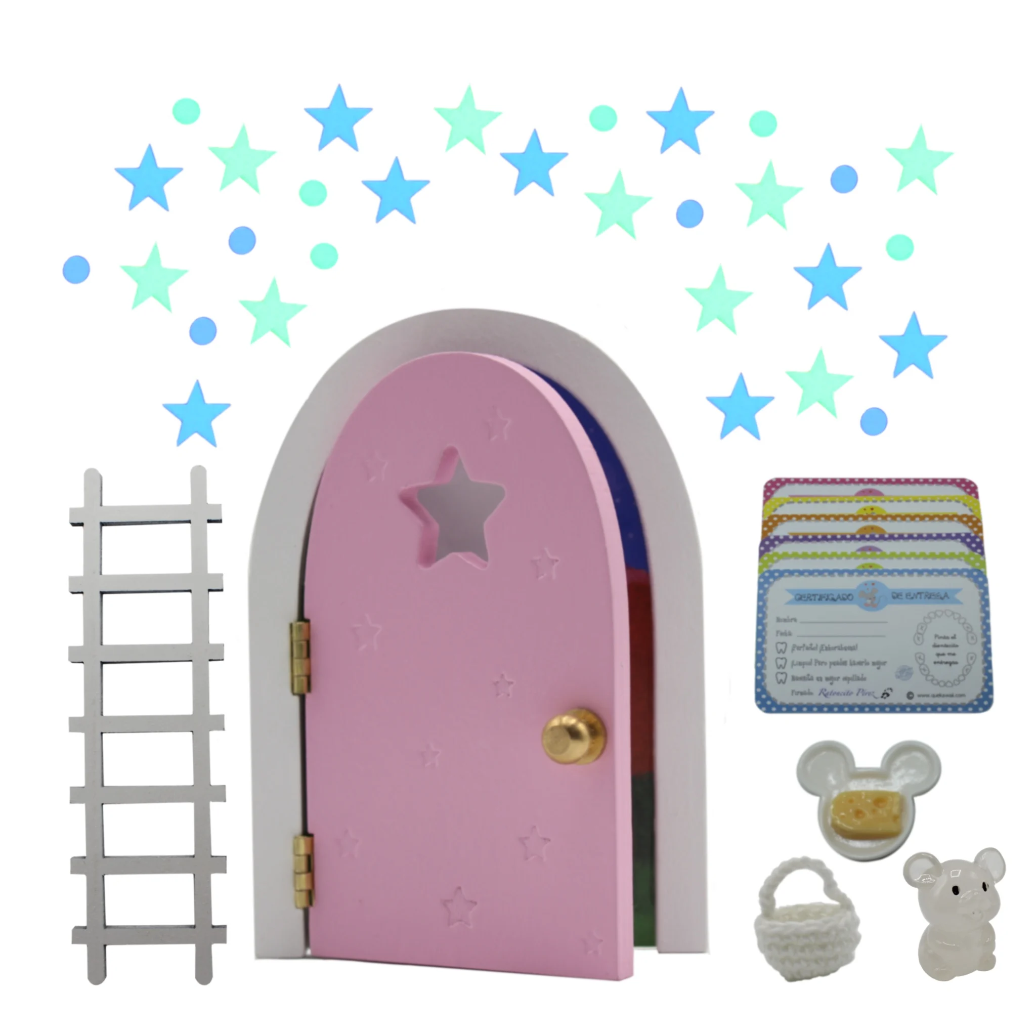 What Kawaii®Door (pink) little mouse that opens and shines with a universe of stars and planets. Certificates and resin supplements. Crochet bag (handmade). Pure magic. Fall teeth children. Fairy Magic Door