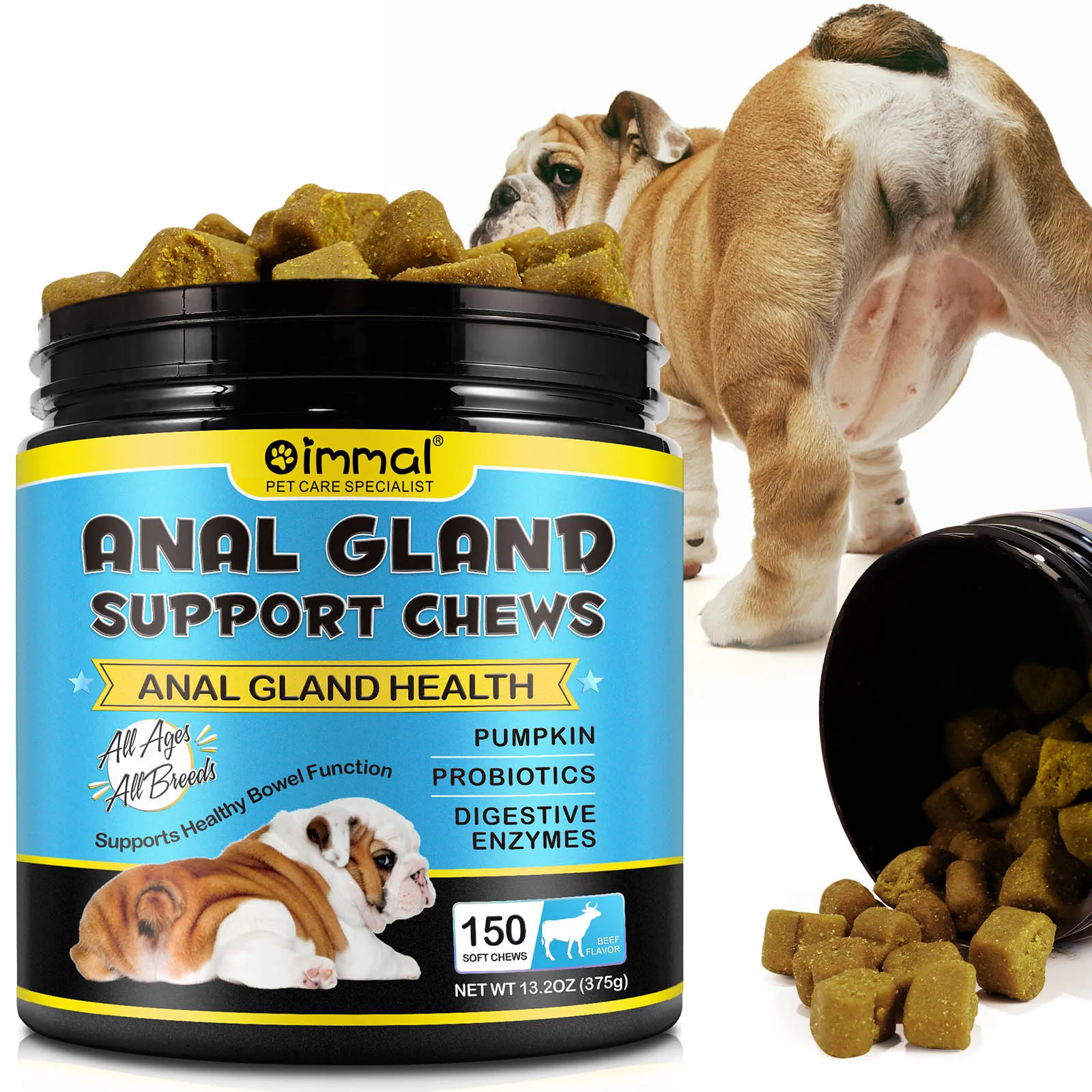 Anal Gland Soft Chew Treats with Pumpkin for Dogs Digestive Enzymes Probiotic Fiber Supplement Support Healthy Bowel Beef Flavor