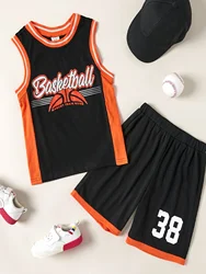 2Pcs Baby Boys Printing Letter Basketball Sleeveless Sports Set For (4-10Years )Daily  Wear