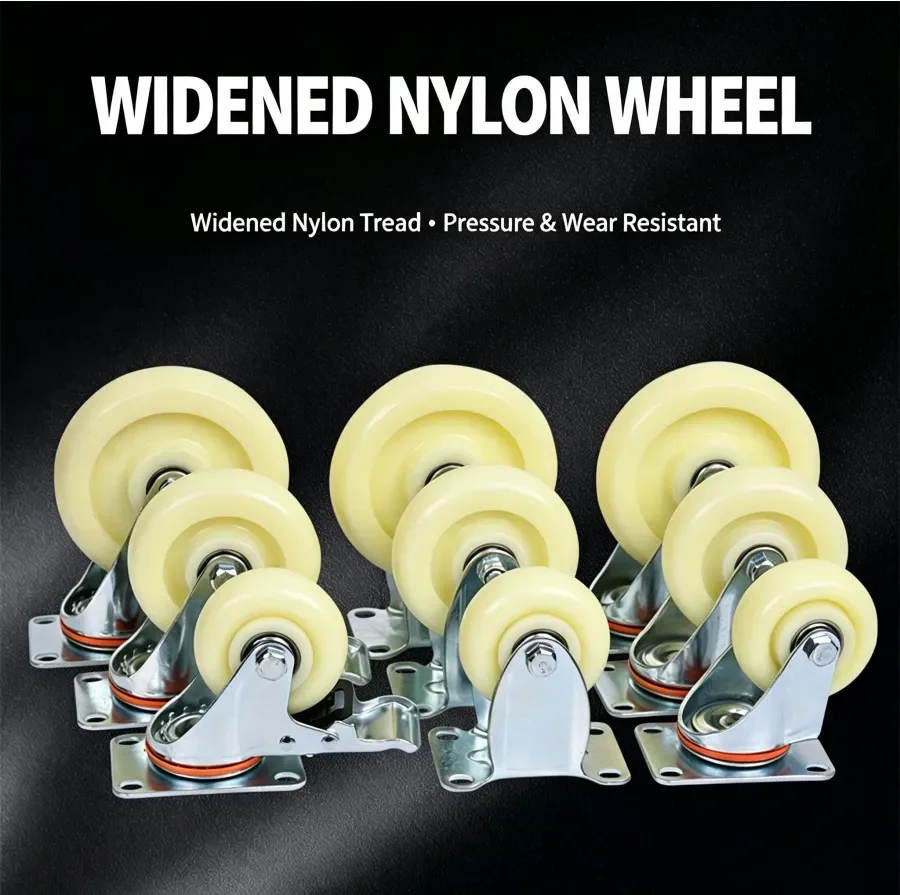 Medium Duty White Nylon Trolley Casters, 3 Types Swivel Fixed Locking Wheels for Flat Platform Tool Cart, Sold as Set of 4 Pcs