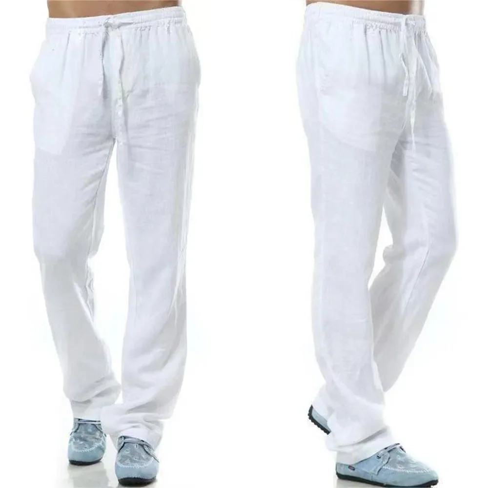 Heren katoenen linnen broek mannelijke herfst nieuwe ademende effen kleur linnen broek fitness streetwear achterkant met zak - afbeelding 2