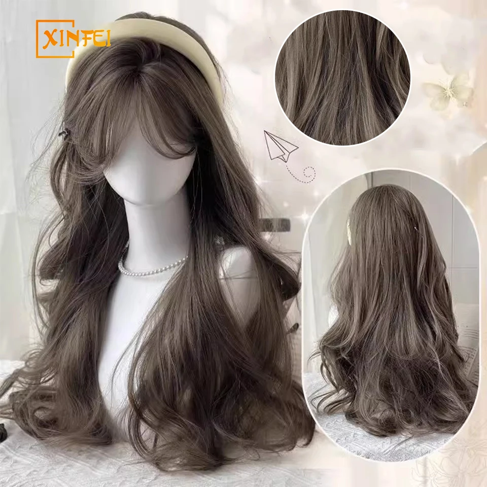 

XINFEI Synthetic Wigs Fluffy Natural Long Curly Hair Headband Style Wig Daily Versatile Menthol Brown Wig