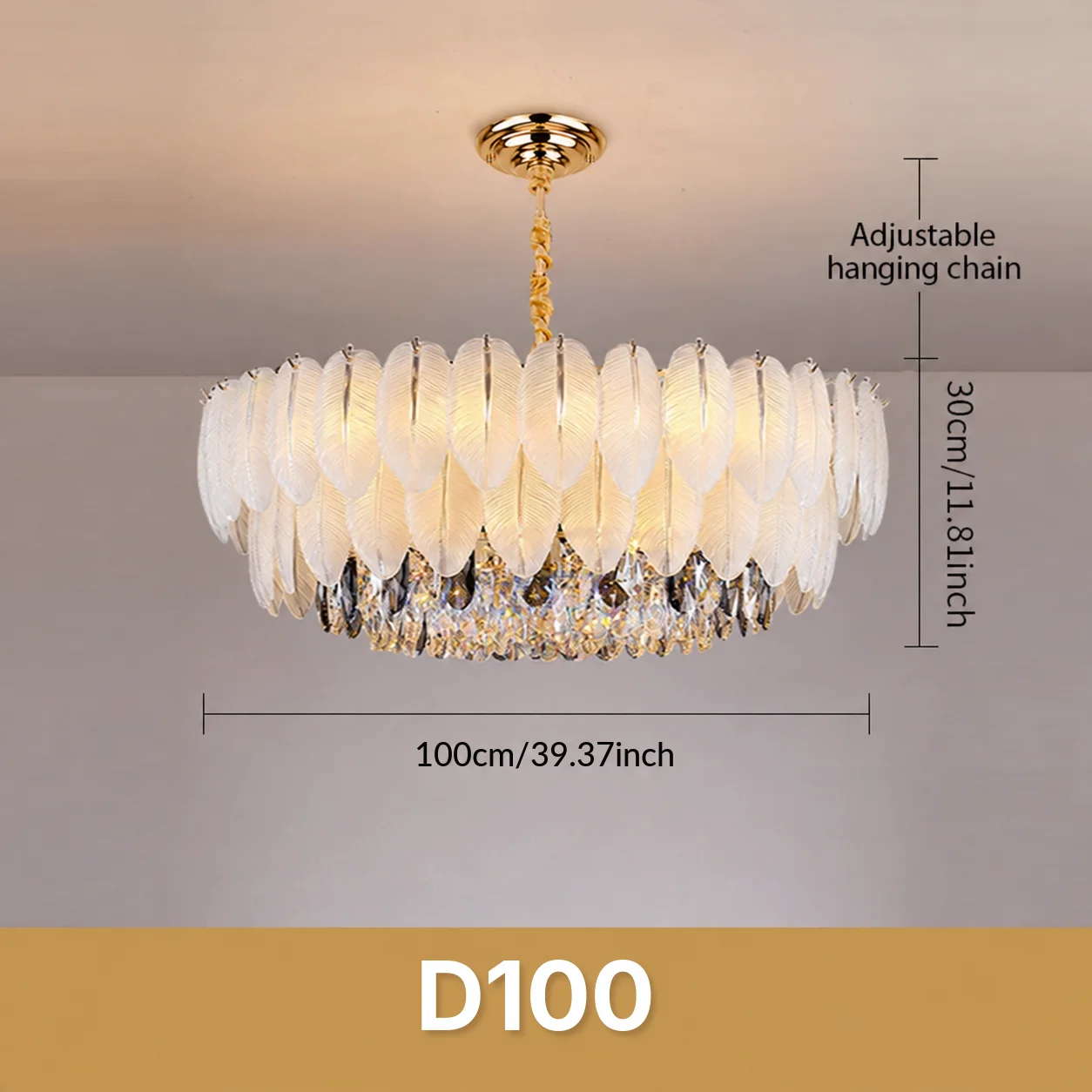 Gouden kroonluchter met kristallen en veren, moderne ronde en ovale hanglamp met glazen veren en kristallen elementen, E14, 50 tot 100 cm.