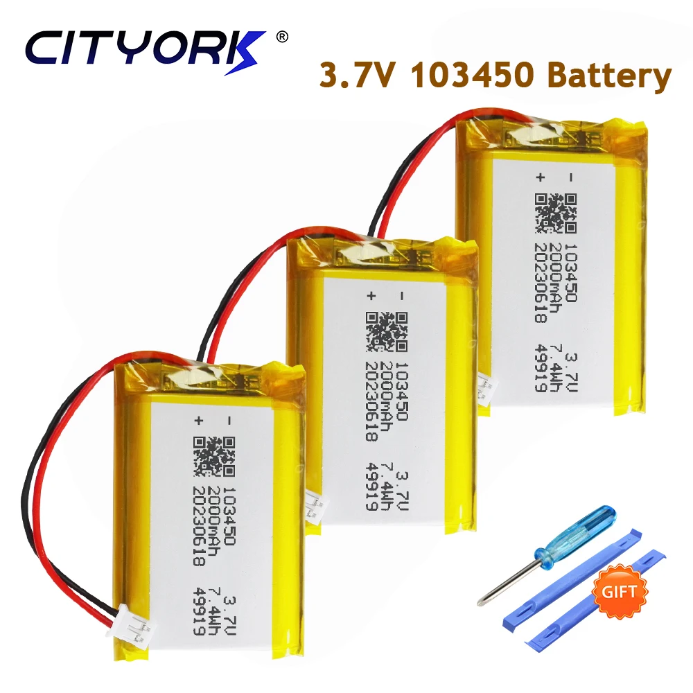 

Cityork 103450 3.7V 2000mAh Polymer Lithium Rechargeable Battery jst PH 2.0mm 2pin plug for Bluetooth Speakers MP5 Toys Cameras