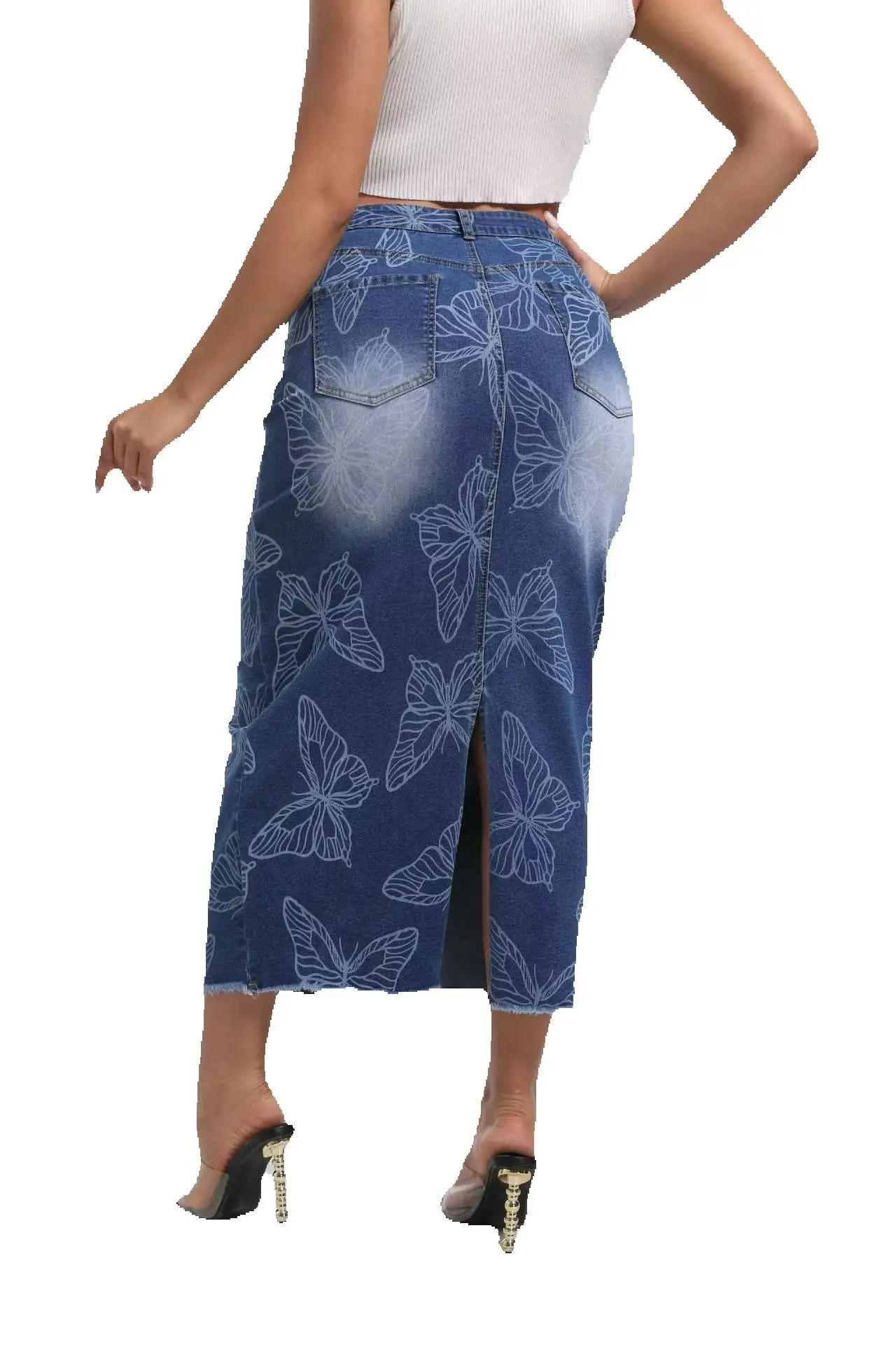 2025 Spring New High Waist Butterfly Pattern Denim Skirt Fashion Summer Slit Long Jeans Skirt Casual Ladies Clothing