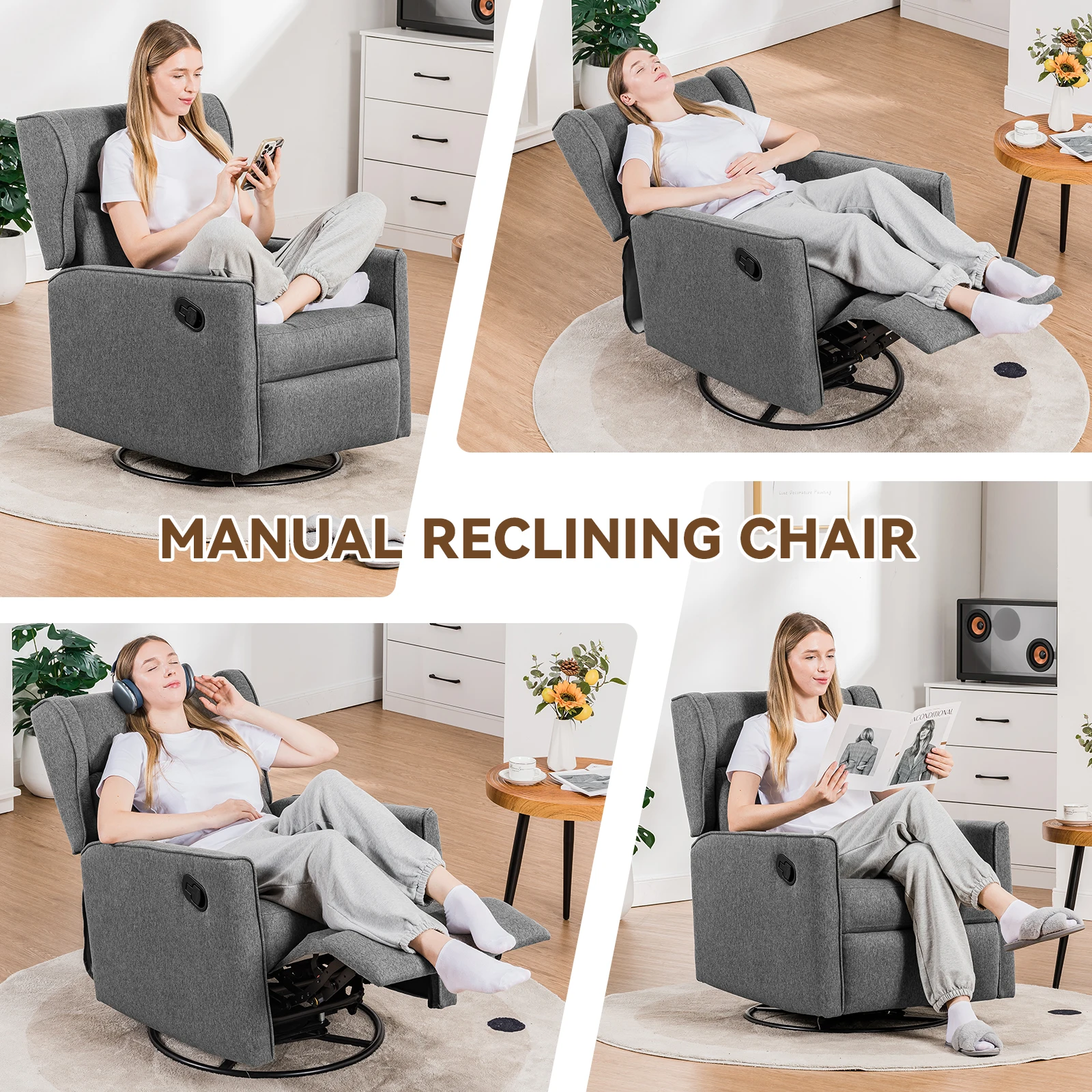 Comhoma Rocking Recliner Chair, Swivel Glider Reclining Single Sofa Manual Rocker Recliner, Nursery Rocking Chairs with Upholster image 6