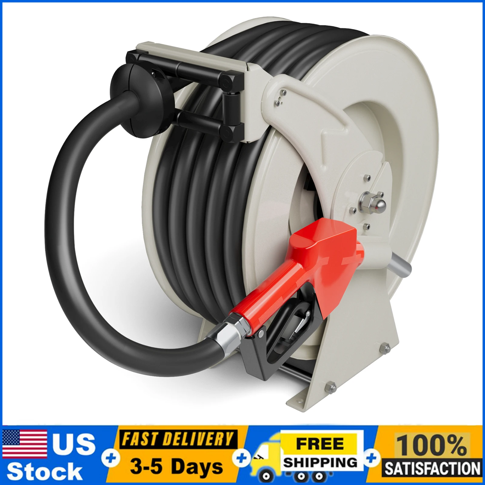 

Fuel Hose Reel 3/4'' x 50ft with Fueling Nozzle Diesel Fuel Hose Reel 300PSI Retractable Industrial Heavy Duty Swivel, Silver