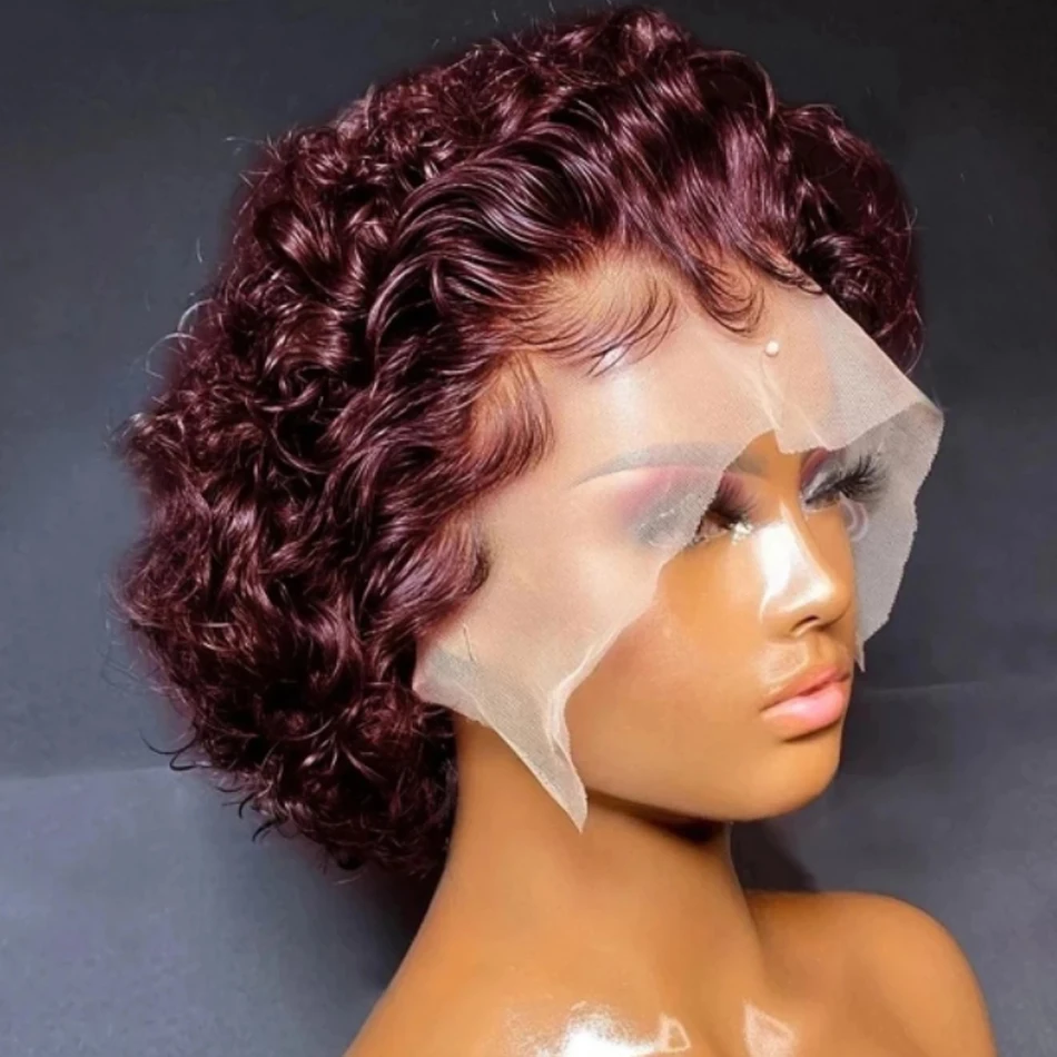 Pixie Cut Wig Short Bob Curly Human Hair Wigs Cheap 13X2 Transparent Lace 99J Burgundy Water Deep Wave Lace Front Wig For Women