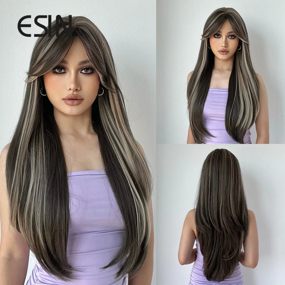 

ESIN Synthetic Black Long Straight Wigs with Bangs Natural Cosplay Ombre Blonde Hair for Women Party Heat Resistant Fiber Wig