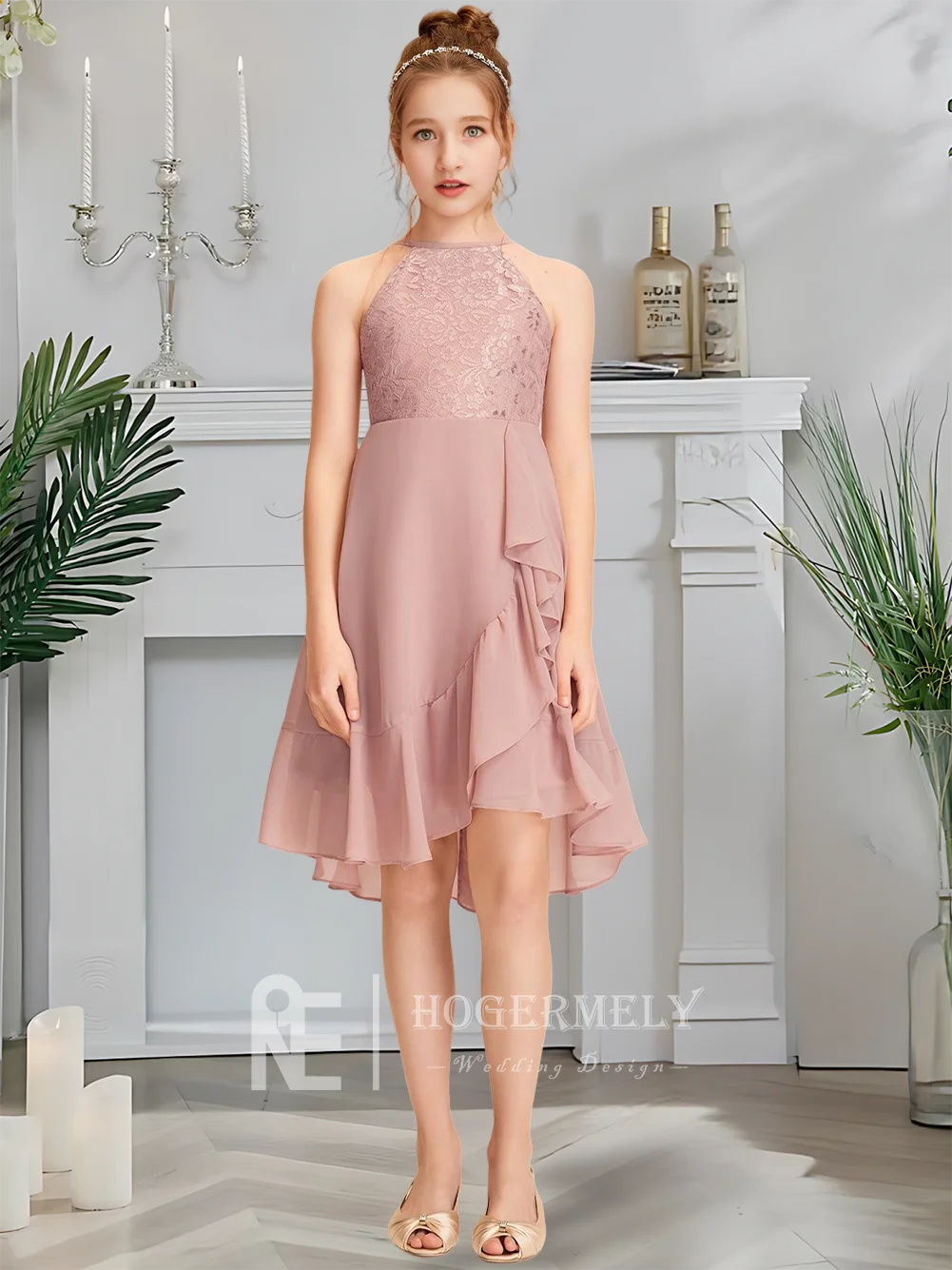 หรูหรา Halter จูเนียร์ชุดเพื่อนเจ้าสาว Twilight Blush ดอกไม้สาวชุดไม่สมมาตรชีฟองลูกไม้ Cascading Ruffles งานแต่งงาน