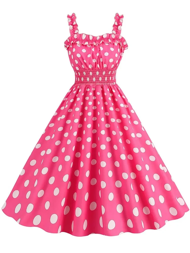 Robe mi-longue froncée à pois roses pour femmes, bretelles spaghetti, vintage, décontracté, imprimé, ligne A, années 50, élégante, soirée, été